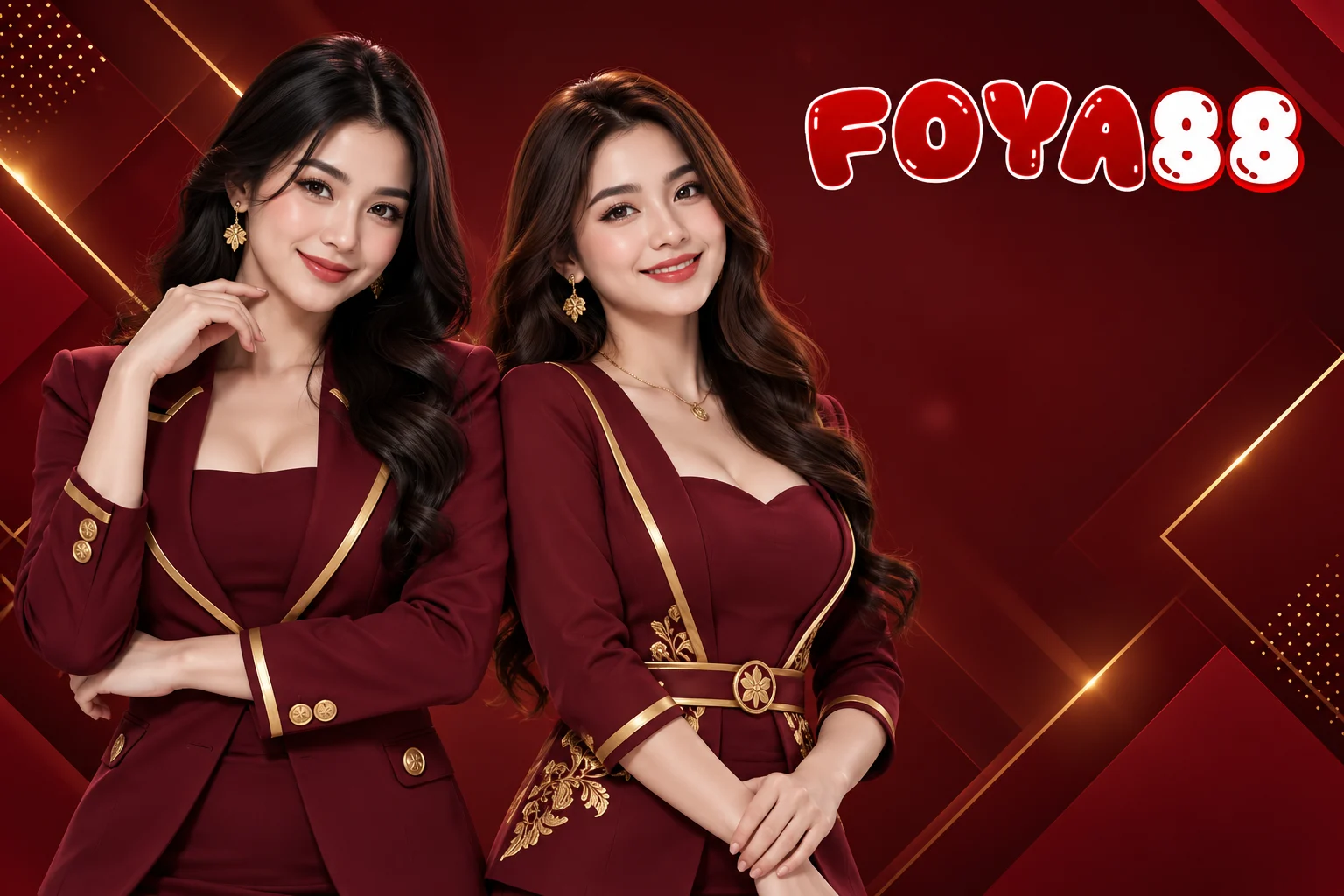 Dua karakter wanita dewasa Indonesia dengan pakaian formal merah marun dan emas, merepresentasikan identitas brand FOYA88