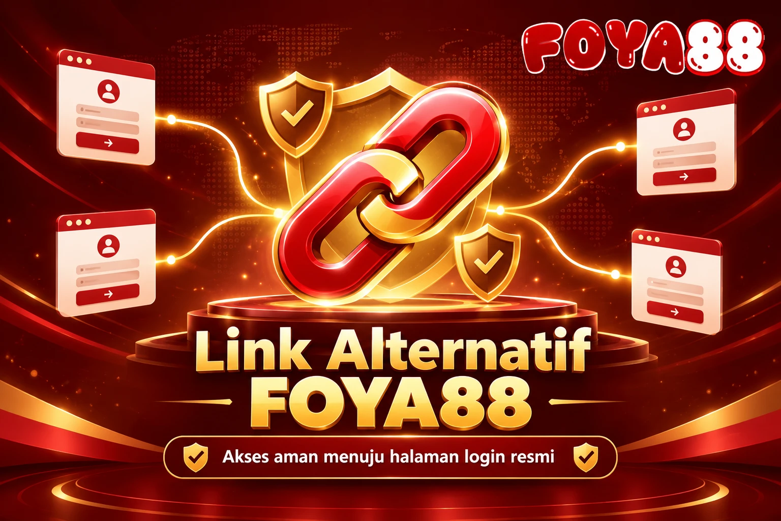 Ilustrasi link alternatif FOYA88 dengan ikon rantai tautan, perisai, dan beberapa jalur akses menuju halaman login bernuansa merah marun dan emas