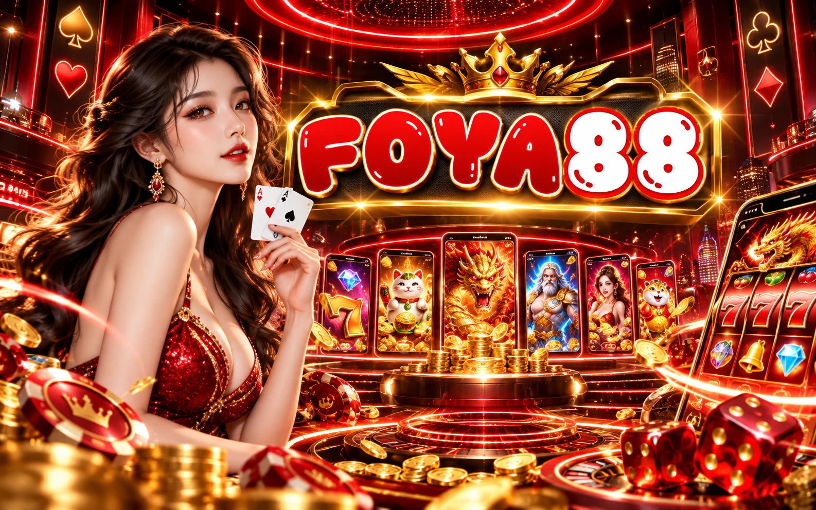 Banner FOYA88 bernuansa gaming modern merah dan emas