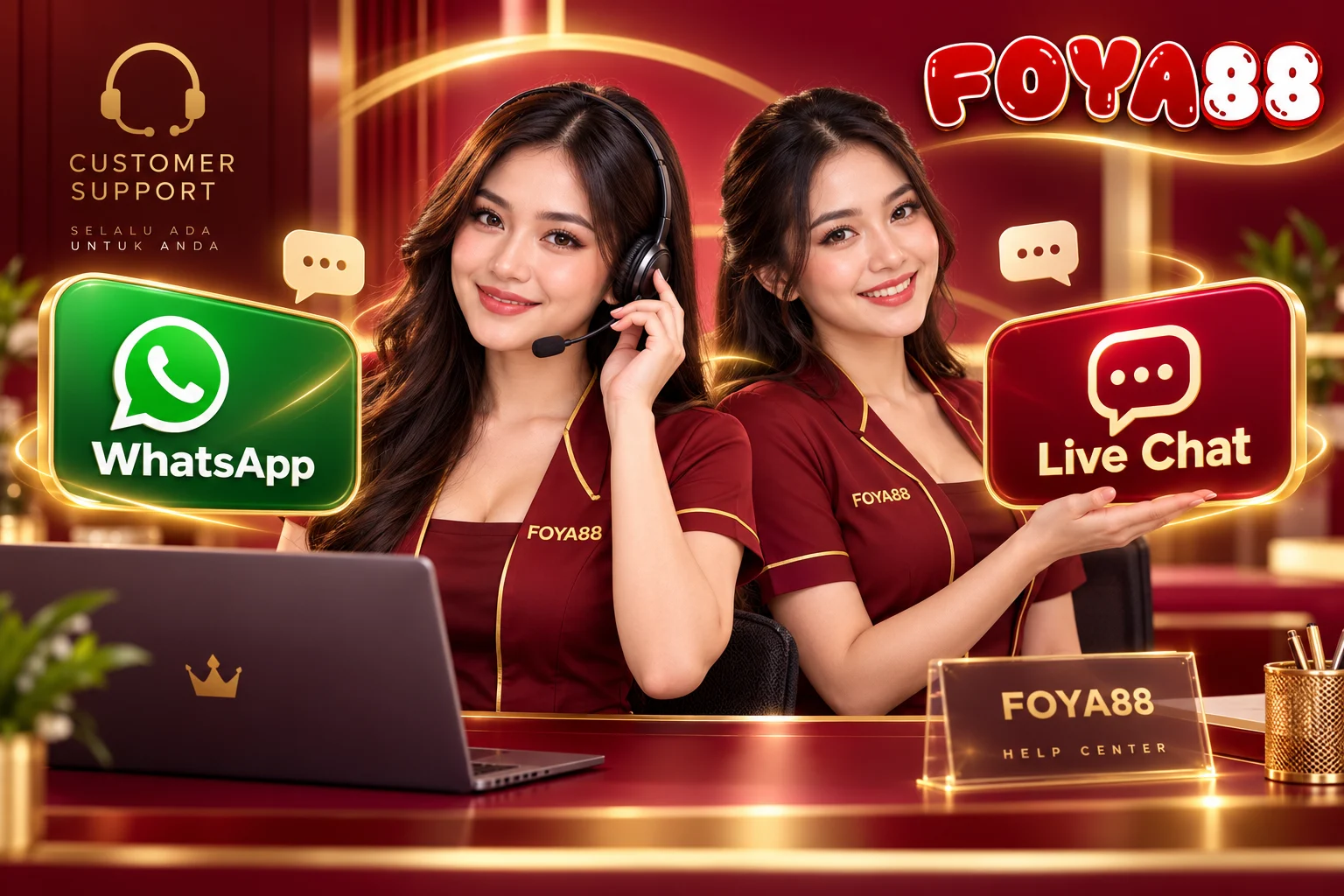 Ilustrasi tim bantuan FOYA88 siap membantu pengguna lewat live chat dan WhatsApp 24 jam, dengan nuansa merah marun dan emas