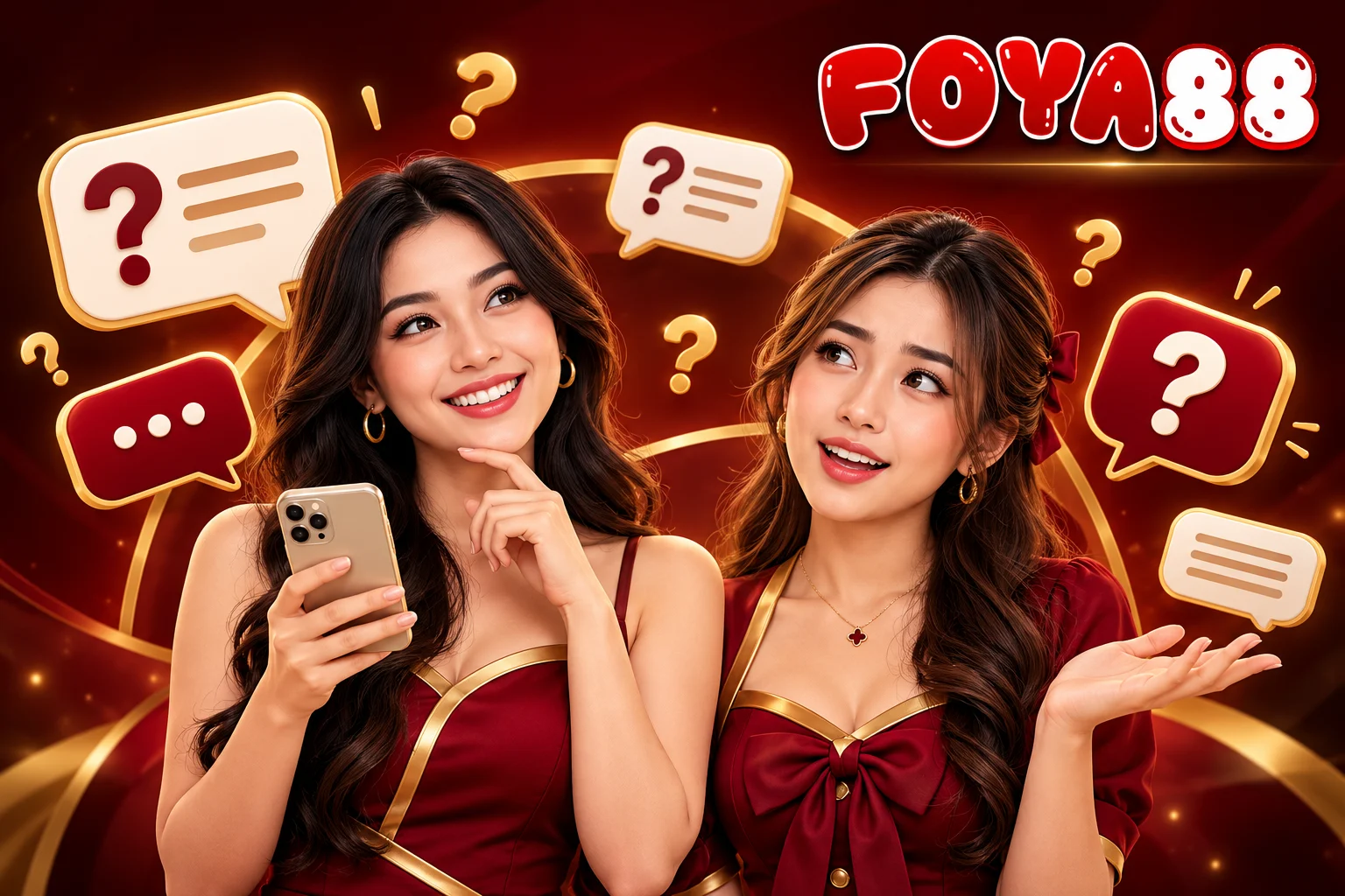 Ilustrasi FAQ FOYA88 dengan dua wanita memegang smartphone dan ikon chat bubble serta tanda tanya di sekitarnya, bernuansa merah marun dan emas