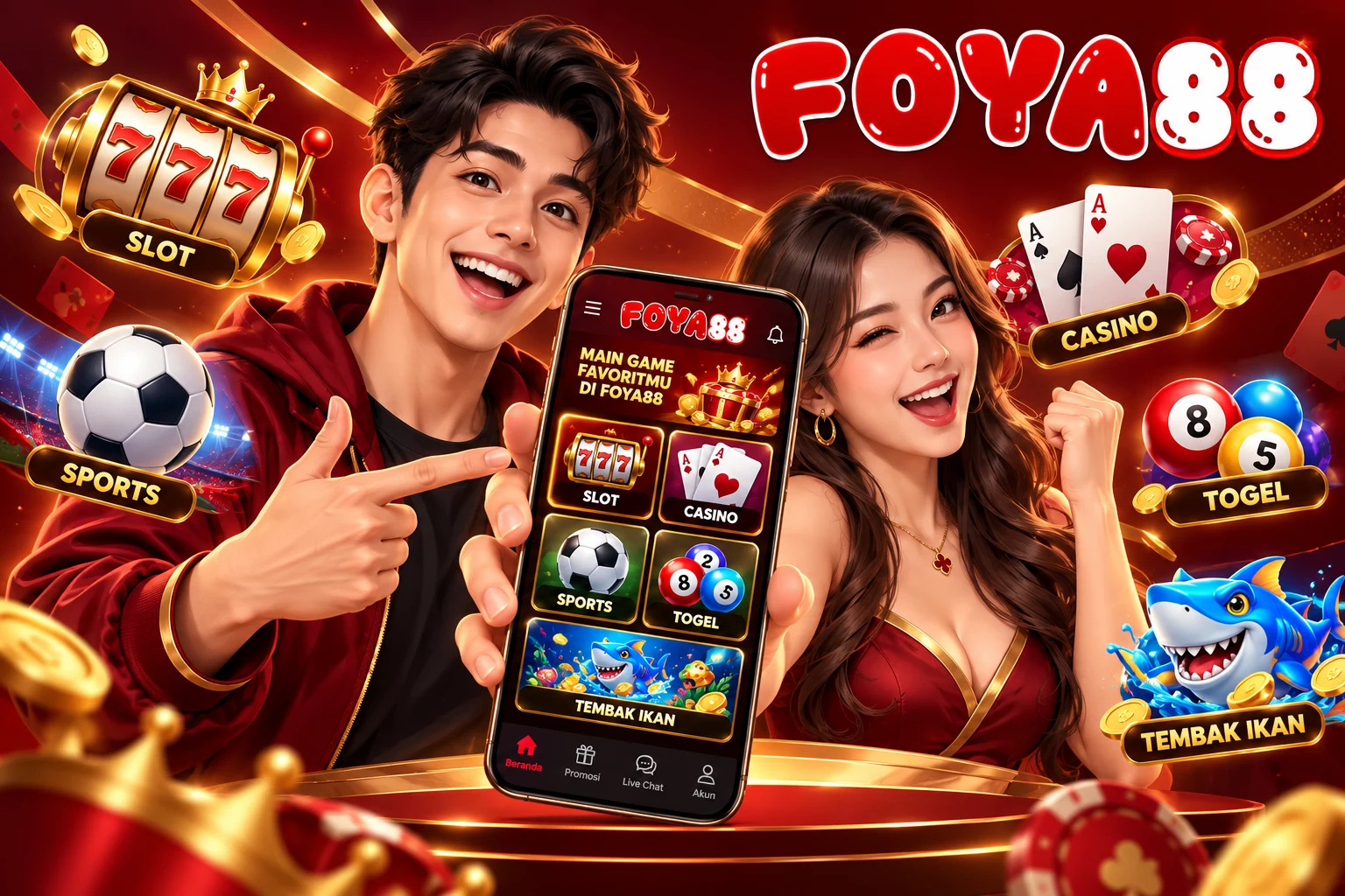 Ilustrasi katalog permainan FOYA88 dengan ikon slot, casino, dan sports dikelilingi karakter muda bernuansa merah marun dan emas