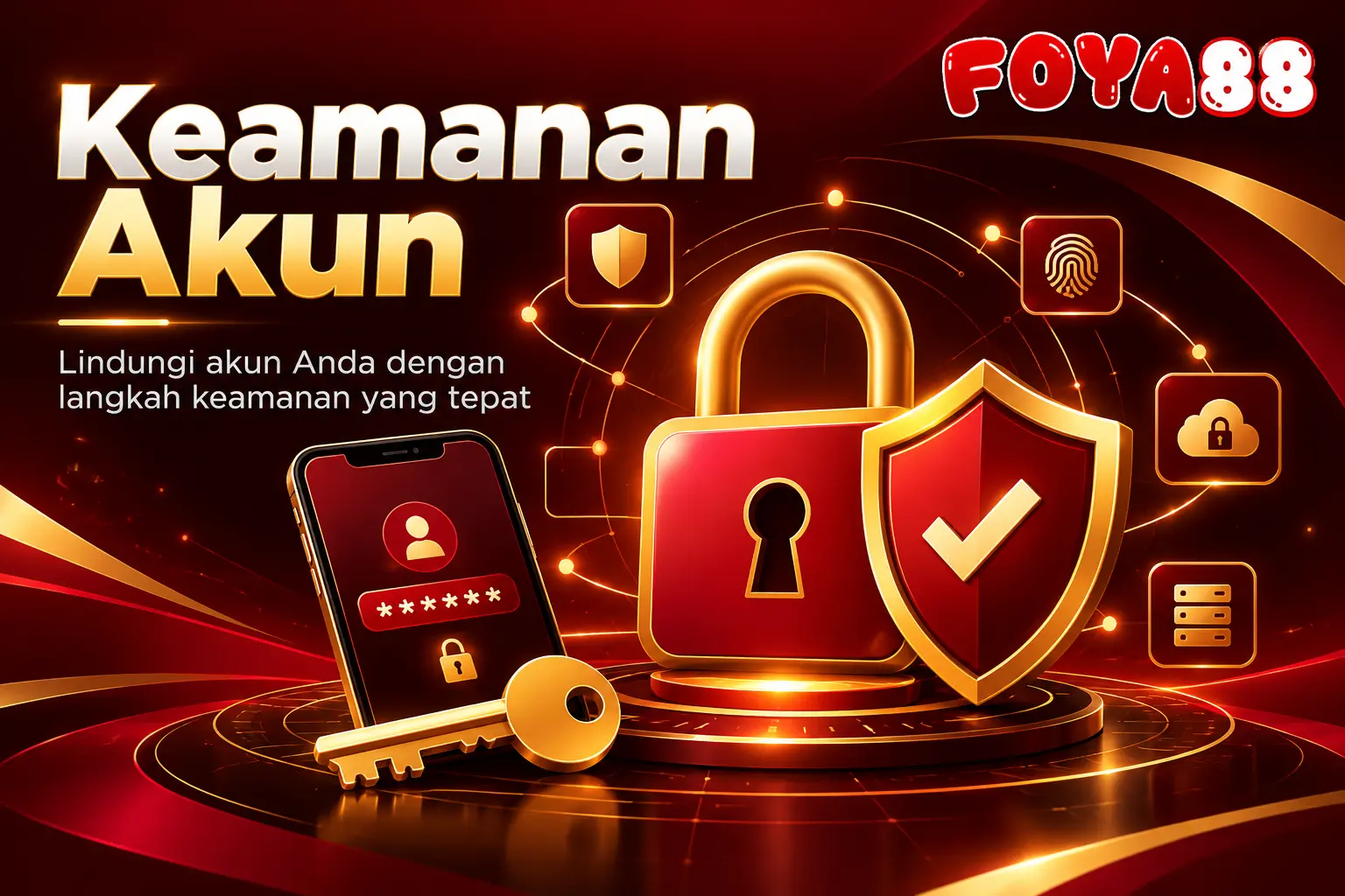 Ilustrasi keamanan akun FOYA88 dengan ikon gembok besar, perisai, ponsel, dan garis koneksi data bernuansa merah marun dan emas