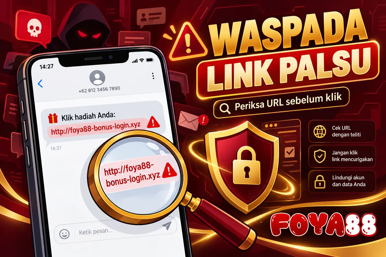 Ilustrasi peringatan link palsu FOYA88 yang menampilkan layar ponsel dengan pesan masuk berisi tautan mencurigakan, kaca pembesar memeriksa URL, dan ikon perisai