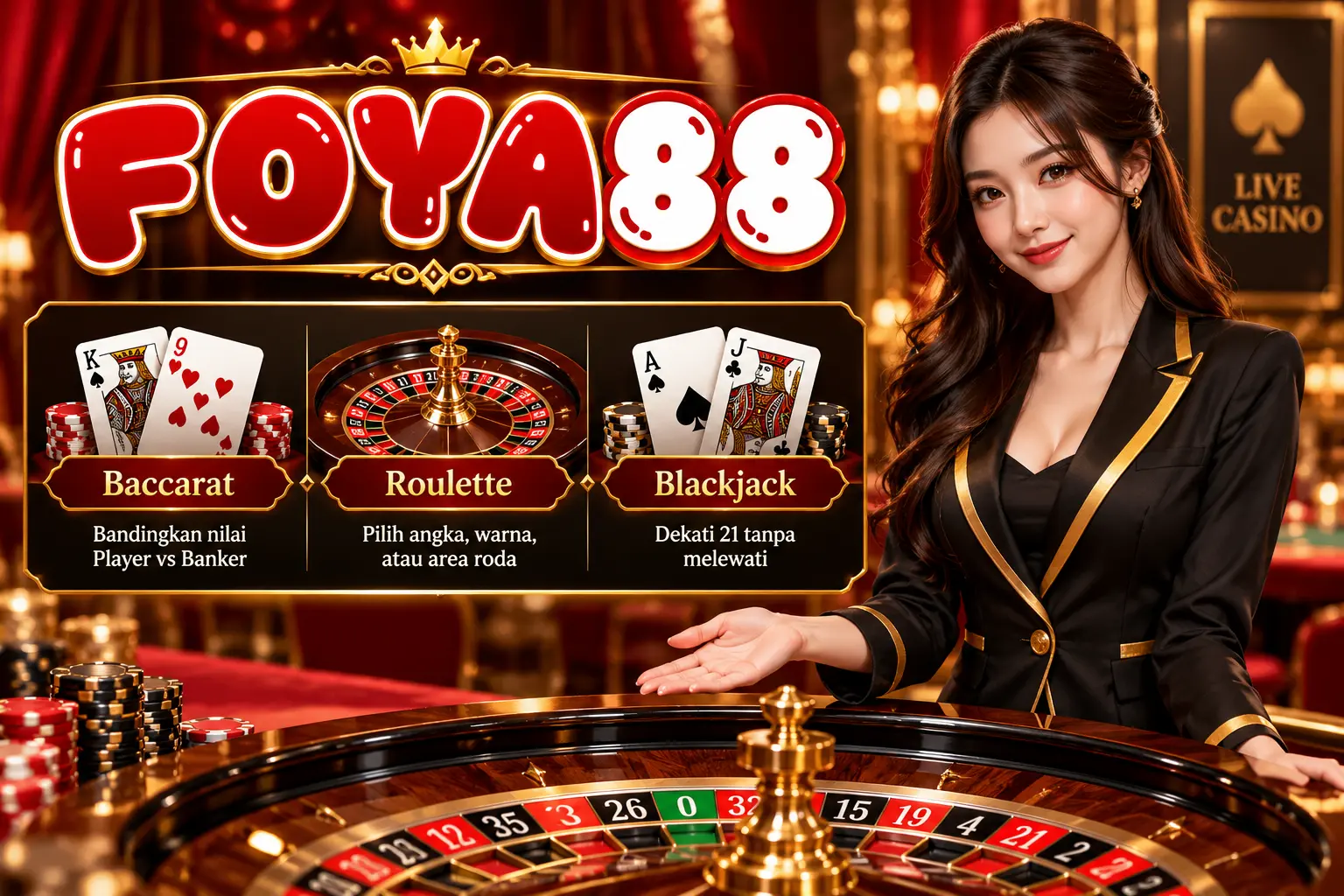 Ilustrasi Live Casino FOYA88 dengan dealer wanita profesional, meja baccarat dan roulette bernuansa merah marun dan emas