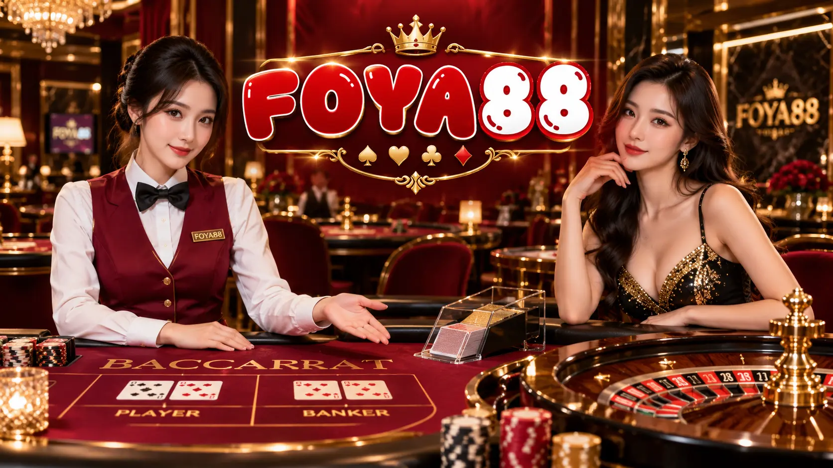 Dealer wanita profesional di meja roulette Live Casino FOYA88 dengan nuansa merah marun dan emas