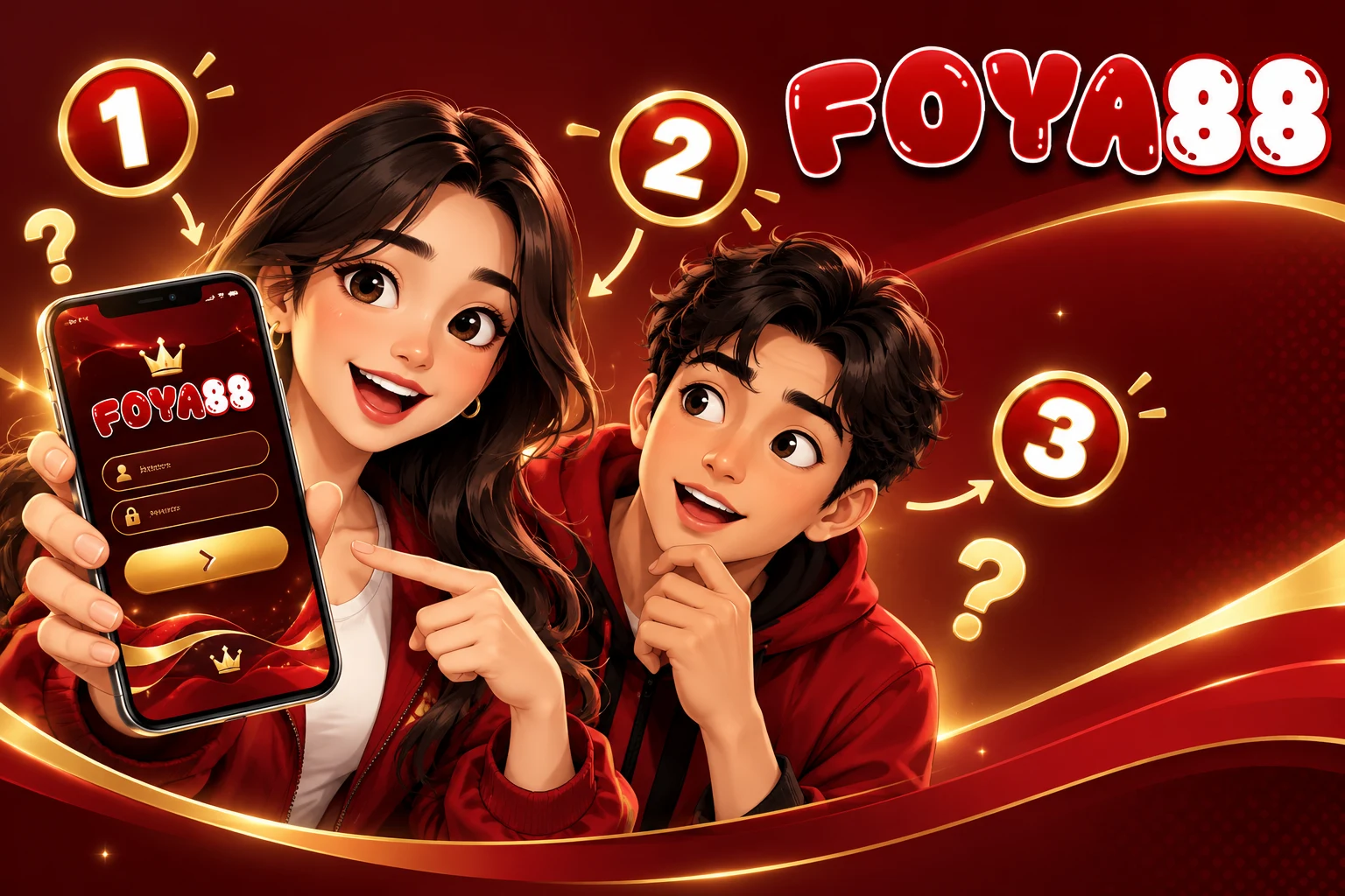Ilustrasi pemula FOYA88 dengan karakter muda memegang smartphone dan ikon langkah awal bernuansa merah marun dan emas