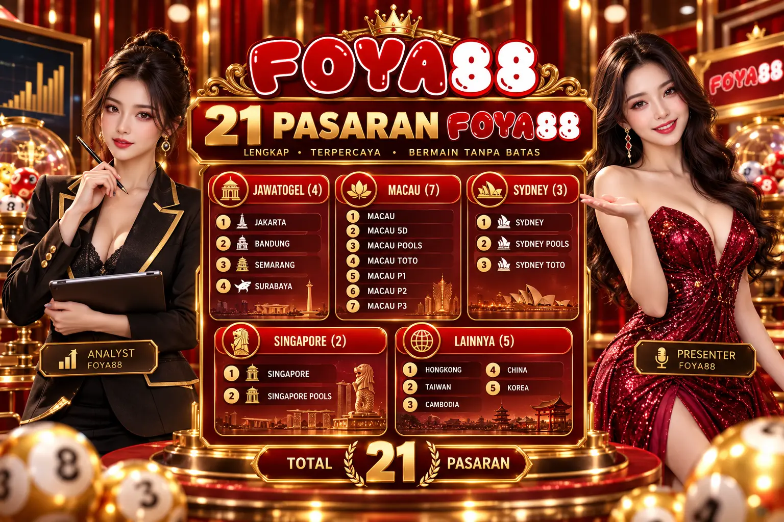 Ilustrasi analis wanita FOYA88 dengan infografis lima kelompok penamaan dari 21 pasaran Togel