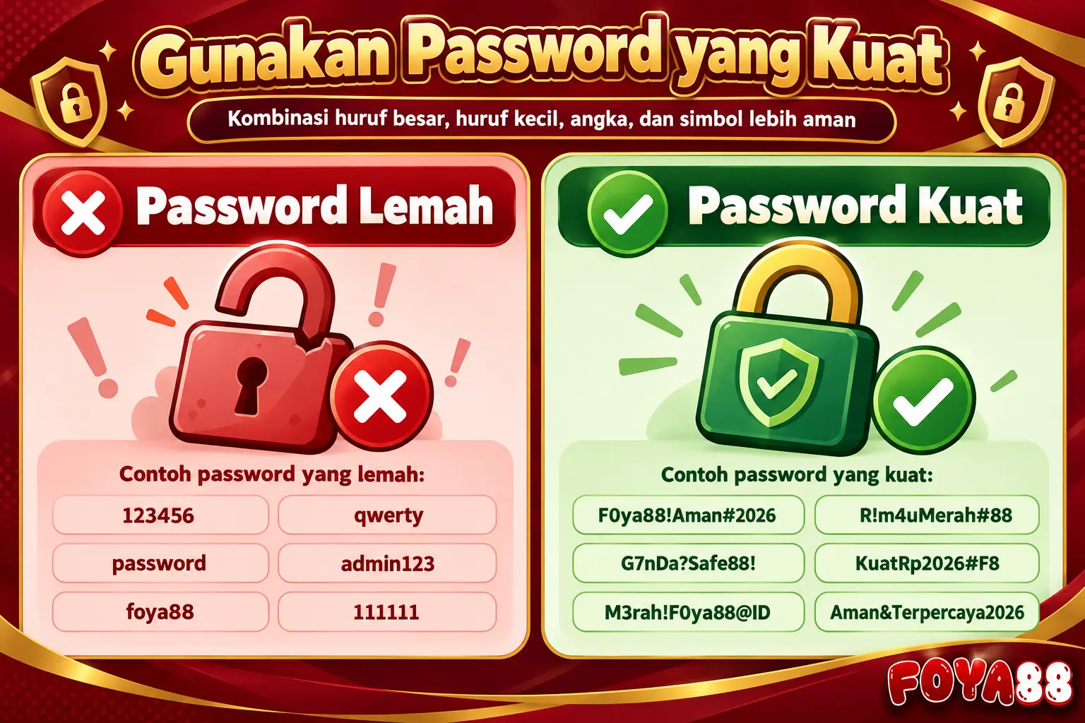 Perbandingan dua panel password FOYA88: panel kiri menampilkan contoh password lemah dengan ikon silang merah, panel kanan menampilkan contoh password kuat dengan ikon centang hijau