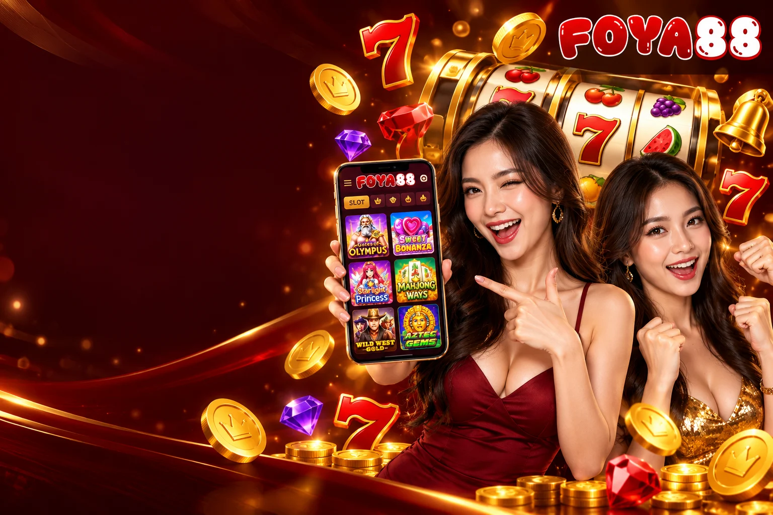 Ilustrasi katalog slot FOYA88 dengan karakter muda memegang smartphone dan ikon gulungan slot bernuansa merah marun dan emas