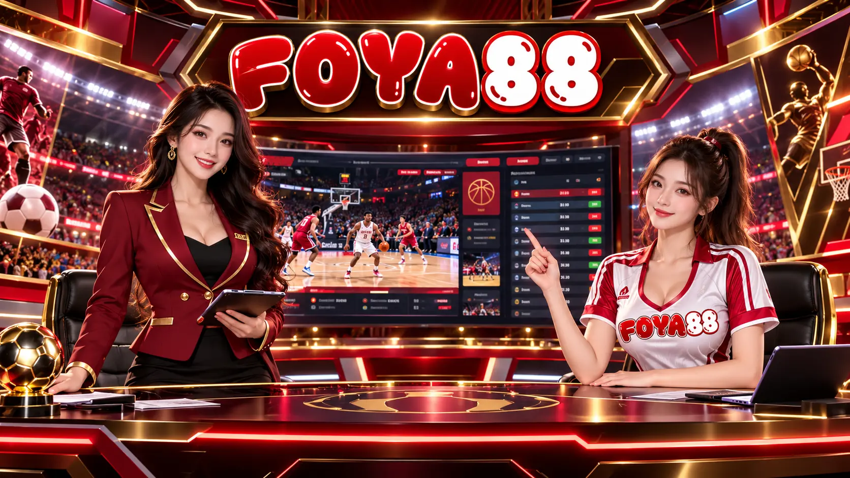Dua wanita dewasa dalam studio analisis olahraga FOYA88, memakai kostum presenter dan jersey sporty merah-emas