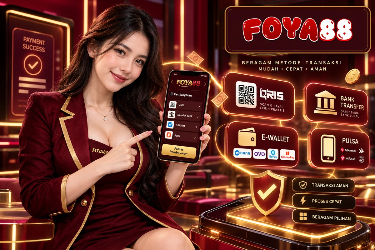 Ilustrasi metode transaksi FOYA88 dengan ikon QRIS, transfer bank, dompet digital, dan pulsa bernuansa merah marun dan emas